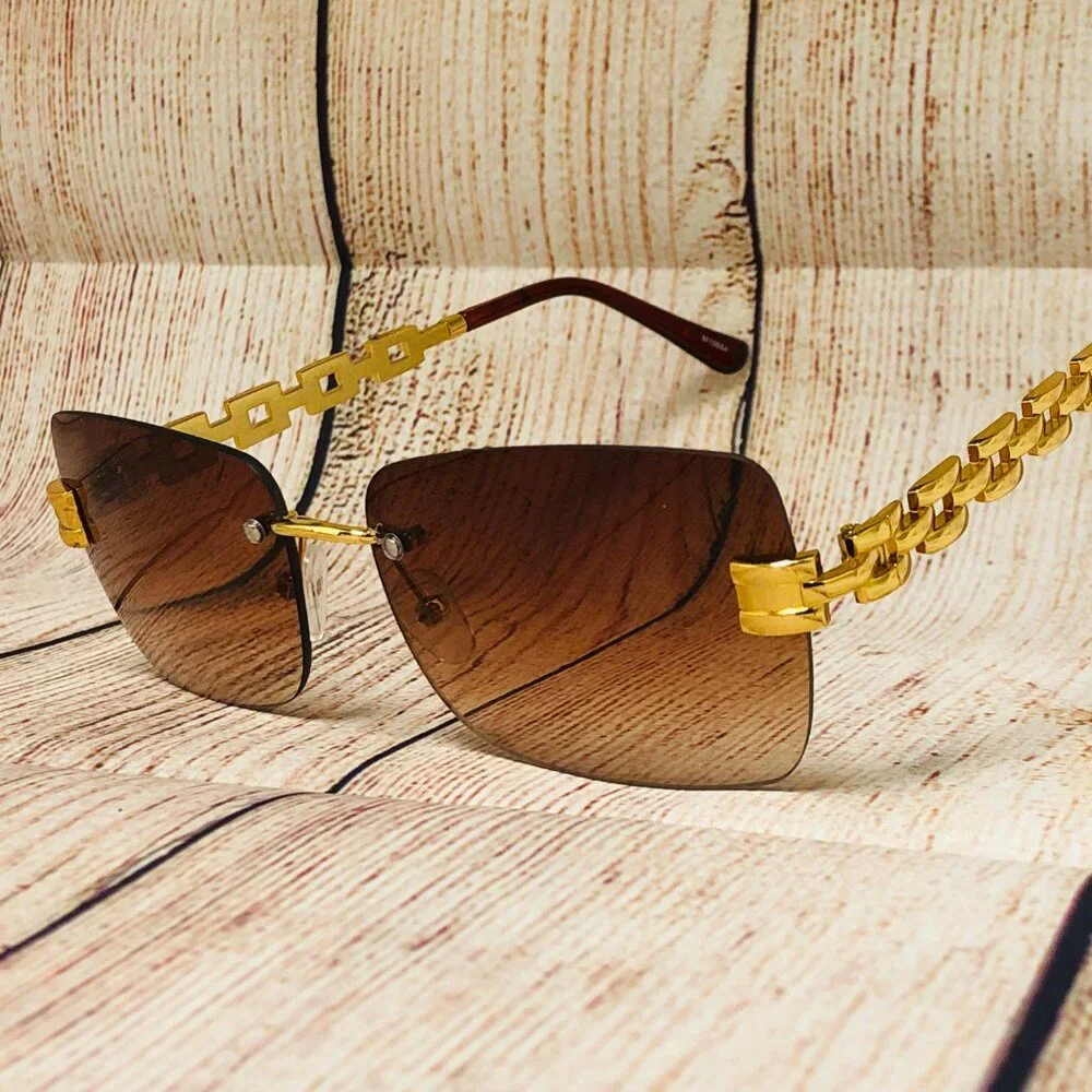 Men Sunglasses‎ Brown Lens Rimless Luxury Retro Shades Gold Metal Lentes Gafas